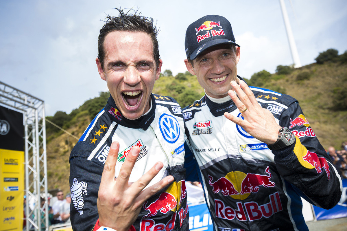 Julien Ingrassia (F), Sébastien Ogier (F) Volkswagen Polo R WRC (2016) WRC Rally Catalunya 2016 Photo: Helena El Mokni ("Ogier/Ingrassia slaví s týmem Volkswagen čtvrtý titul v MS v rallye")